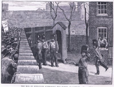 De menigte van Spenceanen roept de Tower of London op, AD 1816 door Henry Marriott Paget